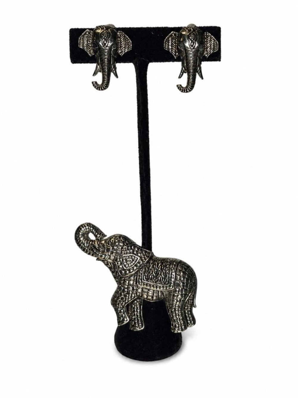 Vintage 1990s India Elephant Trunk-up Textured Brooch with/ Clip-on Earring Set